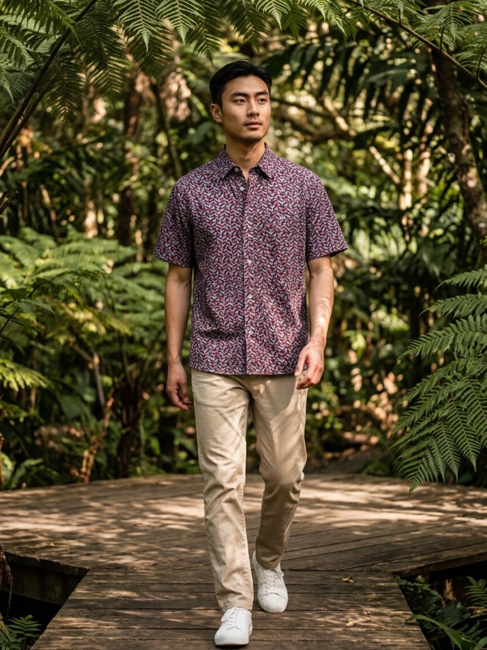 NWT- Short-Sleeve Casual Button-Down Shirt in Burgundy Pattern